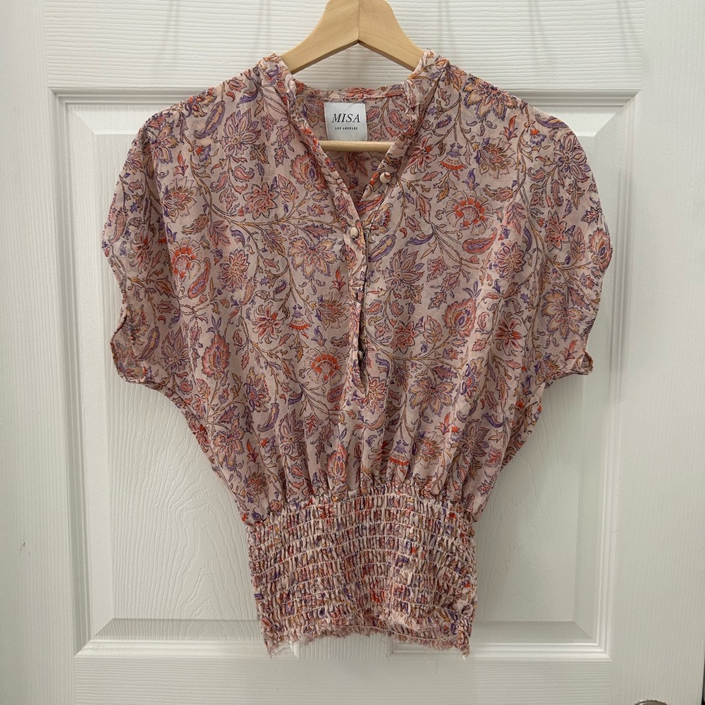 Misa Los Angeles Pink Paisley Floral Smocked-Waist Blouse